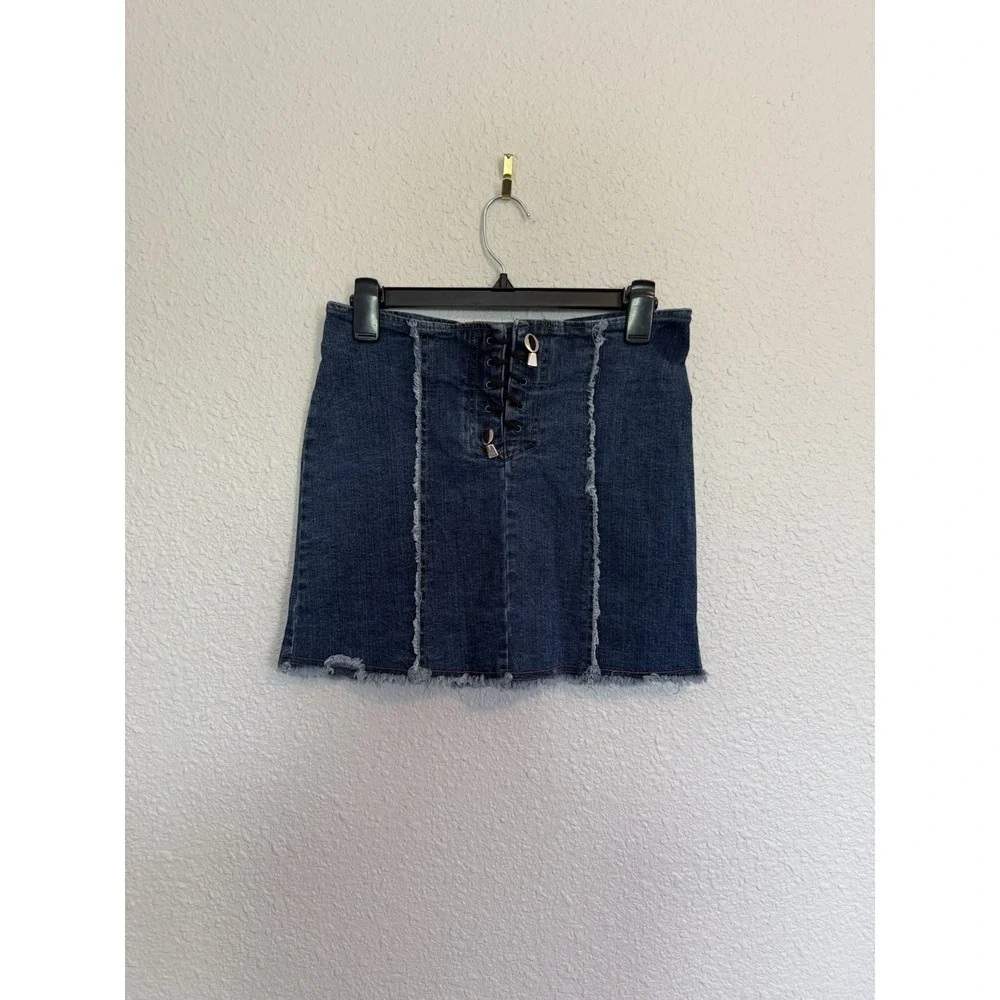 VTG Lace UpDenim Mini Skirt Y2K Size Med Boho Festival Raw Hem 90s Grunge - Picture 2 of 10